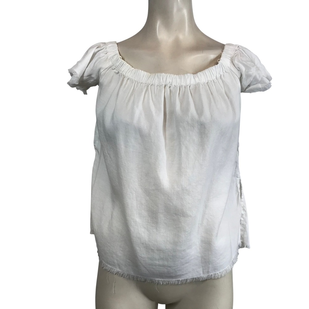 Cloth & Stone Off The Shoulder Tencel Lyocell Blouse White XS Frayed Hem Bardot